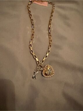 Juicy Couture Gold Tone Chain Necklace with Heart and Crystal Charms